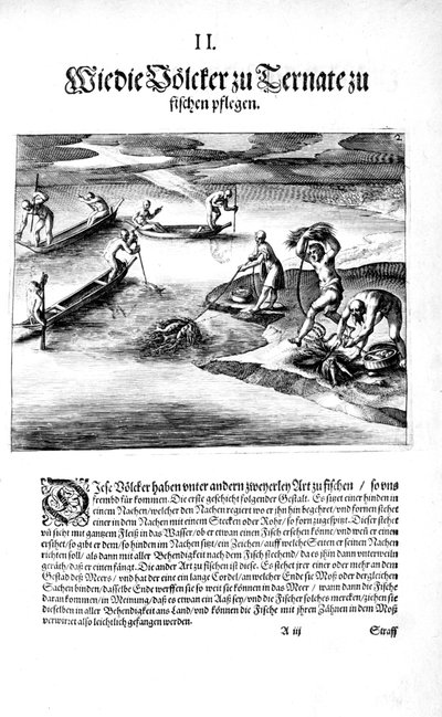 インディアンとの釣り、1606 作： Theodore de Bry