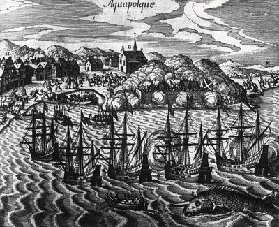 アカプルコ港のガレオン船団、テオドール・デ・ブライ(1528-1598)作、エングレーヴィング 作： Theodore de Bry
