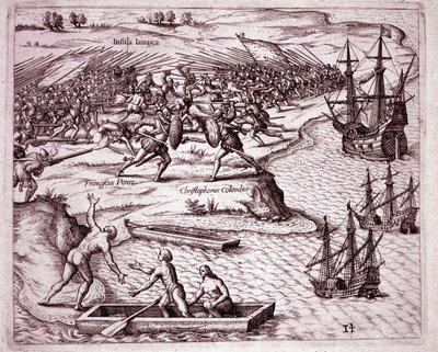 1503年、ジャマイカ島でのクリストファー・コロンブスの第4回目の航海（Engraving 作： Theodore de Bry