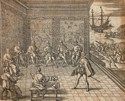 南米遠征の準備をするフランチェスコ・ピサロ（セオドア・デ・ブライ著 作： Theodore de Bry