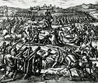 カハマルカの戦いでインカ帝国の皇帝アタワルパを捕らえたフランシスコ・ピサロ（1475年頃～1541年）の部隊（11月16日 作： Theodore de Bry