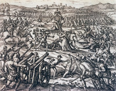 11月16日、カハマルカの戦いでインカ帝国の皇帝アタワルパを捕らえたフランシスコ・ピサロ（1475〜1541年頃）の部隊 作： Theodore de Bry