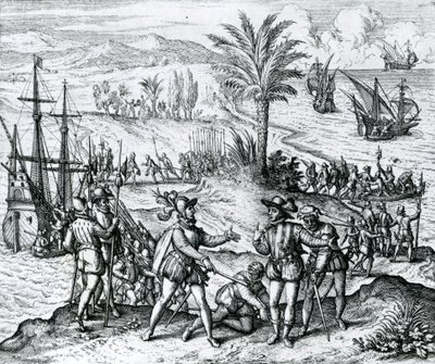 フランシスコデボバディージャが知事として到着し、1500年、1590年にイスパニオラでクリストファーコロンブス（1451-1506）を逮捕 作： Theodore de Bry
