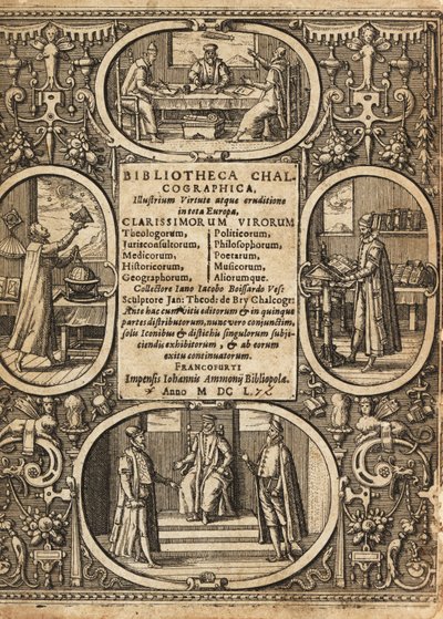 正面には、科学者たちのヴィネットが描かれています。 作： Theodore de Bry