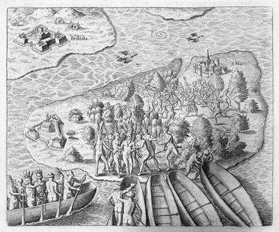1552年、ブラジルへの航海中にトゥピナンバインディアンによって捕獲されたハンススタデン、ヨハンルートヴィヒゴットフリートの「ニュートウェルトとアメリカ人歴史家」から、マタイウスメリアン発行、1631年（英語） 作： Theodore de Bry
