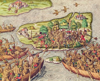 ハンススタデンはブラジルのネイティブアメリカンによって捕獲されます 作： Theodore de Bry
