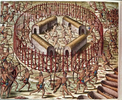 アメリカ史：Theodore de Bry (1528-1598)の「Admirante Narratio Americae」より「バージニアのインディアンの村」のエングレーヴィング。 作： Theodore de Bry