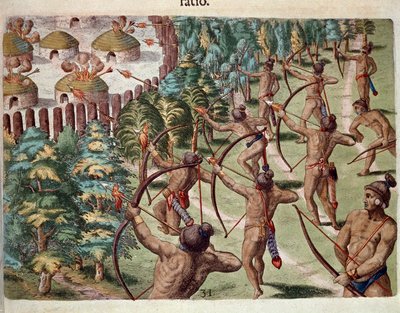 アメリカ史：「インディアンの一族が夜のフロリダの村を襲う」セオドア・デ・ブライ（1528-1598）の「Admirante Narratio Americae」からのエングレービング。 作： Theodore de Bry