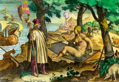 アメリカの歴史イタリア人航海士アメリゴ・ヴェスプッチとアメリカのインディアンとのファーストコンタクト 作： Theodore de Bry