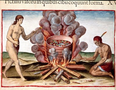 アメリカ史：「魚を調理するインディアン」セオドア・デ・ブライ（1528-1598）の「Admirante Narratio Americae」からのエングレーヴィング。 作： Theodore de Bry