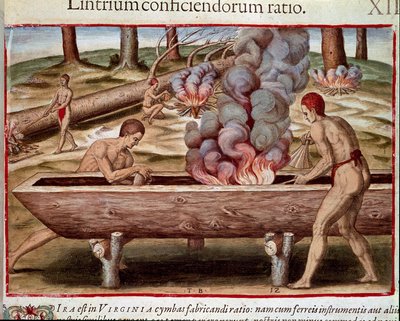 アメリカの歴史：「ボートを作るインディアン」セオドア・デ・ブライ（1528-1598）の「Admirante Narratio Americae」からの版画 作： Theodore de Bry