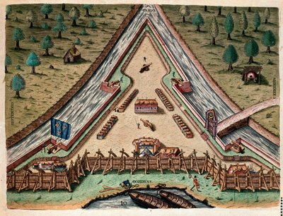 アメリカ史：「カロリナ砦の生活、カロリナの砦」ジャック・ル・モイン（ド・モルグ）（1533-1588）の絵の後にテオドール・デ・ブライ（1528-1598）が描いた「Admirante Narratio Americae」からのエングレーヴィング。 作： Theodore de Bry