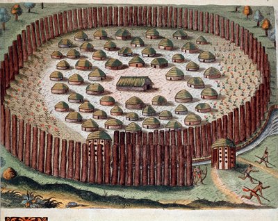アメリカ史：「フロリダにあるインディアンの村の砦の表現」セオドア・デ・ブライ（1528-1598）の「Admirante Narratio Americae」からのエングレーヴィング。 作： Theodore de Bry
