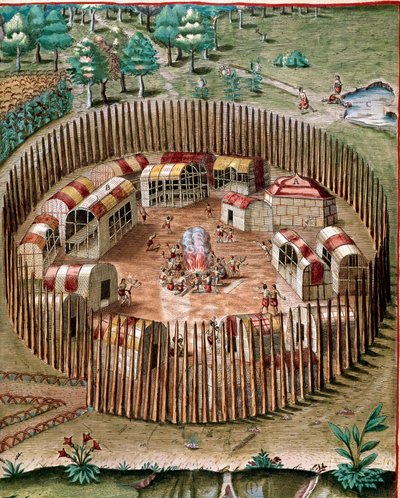 アメリカ史：「1585年のバージニア州の要塞都市ポメイオックの表現」セオドア・デ・ブライ（1528-1598）の「Admirante Narratio Americae」からのエングレーヴィング。 作： Theodore de Bry