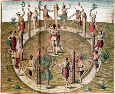 アメリカの歴史：「友情を祝う儀式の踊り」 テオドール・デ・ブライ（1528-1598）のエングレーヴィング。16世紀のヴァンセンヌ、海軍の歴史博物館 作： Theodore de Bry