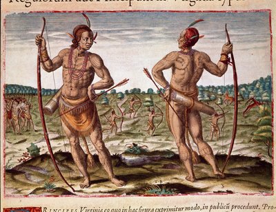 アメリカ史：「バージニアの二人の住民、インディアンの武器である矢と弓」セオドア・デ・ブライ（1528-1598）の「Admirante Narratio Americae」からのエングレービング 作： Theodore de Bry