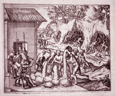 アメリカの歴史：スペイン人が金鉱を開拓（Engraving 作： Theodore de Bry