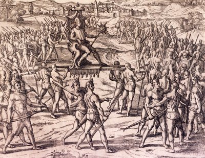 フランシスコ・ピサロ（1475-1541年頃）のスペイン軍に敗れたインカ帝国の皇帝アタワルパ（ペルー）、フランクフルトのテオドール・デ・ブライ（1528-1598年）の「アメリカ史」からの版画。 作： Theodore de Bry