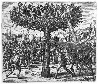 スペイン語で投射物を投げつける木のインディアン 作： Theodore de Bry