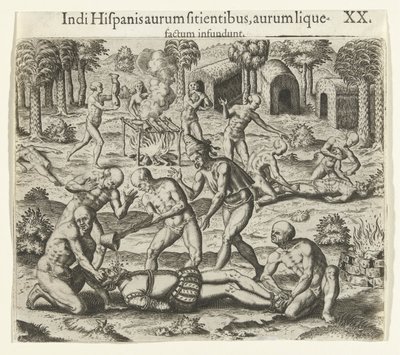 1594年、インディアンはスペイン人の口に液体金を注ぎました。 作： Theodore de Bry