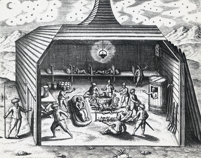 ウィリアム・バレンツ（1550年頃～1597年）のノヴァヤ・ゼムリア諸島の冬の家の内部（テオドール・デ・ブライ（1528年～1598年）作）、彫刻作品 作： Theodore de Bry