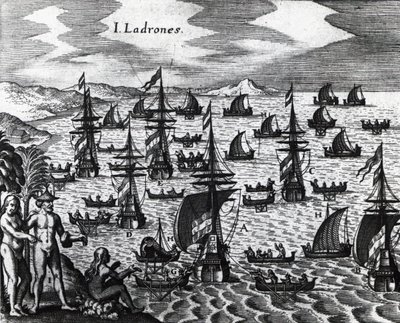 泥棒たちの島（Islas de los Ladrones、現在のマリアナ諸島）、テオドール・デ・ブライ（1528-1598）の『Peregrinationes』からの版画。16世紀 作： Theodore de Bry