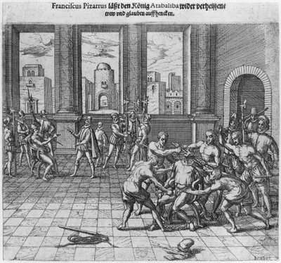 1533年、フランシスコピサロの命令によりカハマルカで処刑されたアタワルパ王（1502-33年頃） 作： Theodore de Bry