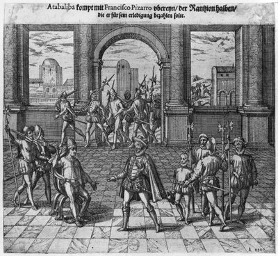 1533年にフランシスコピサロで身代金を扱ったアタワルパ王（c.1502-33）（彫刻）（bw写真） 作： Theodore de Bry
