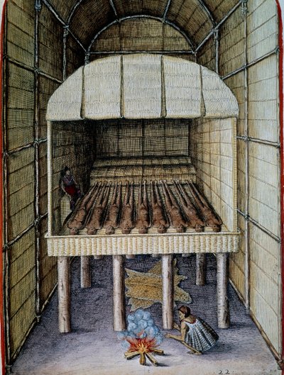 原住民の生活、死者の埋葬、テオドール・デ・ブライ（1528-1598）の彫刻、トーマス・ハリオット（1560-1621）の「Admiranda Narratio, trust tamen, commodis et de incolarvm ritibvs Virginia」より、北米。 作： Theodore de Bry