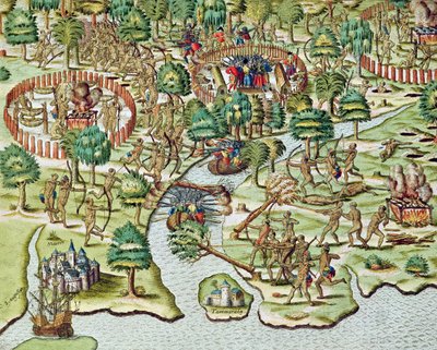 包囲と攻撃の方法、「アメリカターティアパース...」、1592年 作： Theodore de Bry