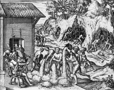 テオドール・デ・ブライ（1561-1623）の『Americae pars V』に掲載された中南米の鉱物採掘の様子。 作： Theodore de Bry