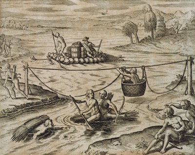 川の急流を下るネイティブ・アメリカン・インディアン（セオドア・デ・ブライ作 作： Theodore de Bry