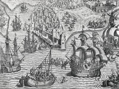 海戦、フランクフルトのテオドール・デ・ブライ（1528-1598）の『アメリカ史』からのエングレービング 作： Theodore de Bry