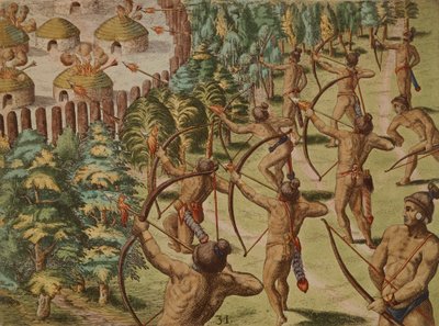 火のついた矢でインディアンの村を夜襲する様子 作： Theodore de Bry