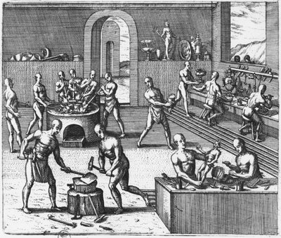 ペルーの金細工師（「Americae Tertia Pars VI」より）（彫刻）（モノクロ写真 作： Theodore de Bry