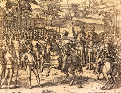原住民に歓迎されるピサロ（イラスト：Theodore de Bry「American History」より 作： Theodore de Bry
