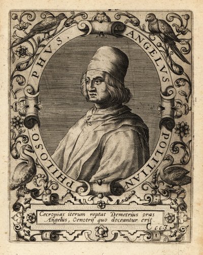 イタリアの古典学者、ポリツィアーノ。 作： Theodore de Bry