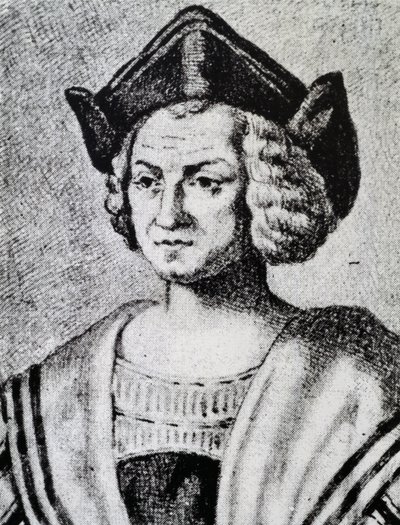 クリストファー・コロンブス（1451-1506）の肖像、セオドア・デ・ブライ（1528-1598）による彫刻 作： Theodore de Bry