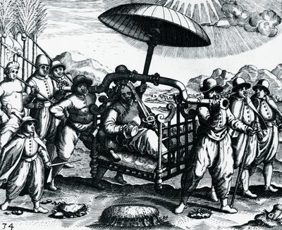 テオドール・デ・ブライ（1528-1598）の『Peregrinationes』からの版画、インドのポルトガル人が駕籠で運ばれる様子。 作： Theodore de Bry