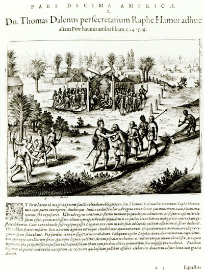 ラルフハモールがポウハタンを訪問、1619（彫刻）（bw写真） 作： Theodore de Bry