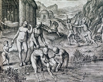 テオドール・デ・ブライ（1528-1598）の『ヒストリア・アメリカ』に掲載されている原住民が病気にかかったときに使用した治療法の版画（フランクフルト）。 作： Theodore de Bry