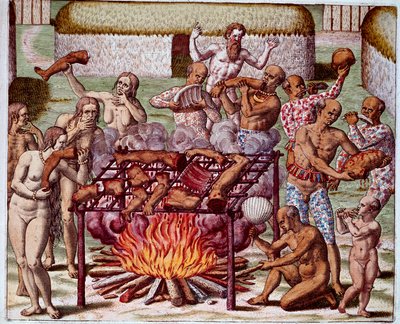 ブラジルでのカニバリズムの様子 インディアンが敵や捕虜を貪る様子。Theodore de Bry（1528-1598）の「Admirante Narratio Americae」からの版画。 作： Theodore de Bry