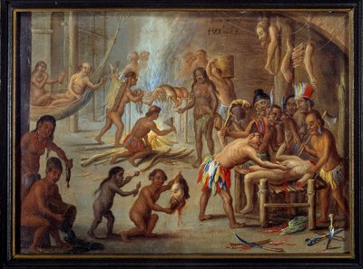 1644年のブラジルでのカニバリズムの様子 インディアンは敵や捕虜を食い尽くした。ヤン・ファン・ケッセル（1626-1679）（ec.flam.）による、セオドア・デ・ブライのブラジル旅行の挿絵より。日。0,18x0,24 m La Rochelle, musee d 作： Theodore de Bry
