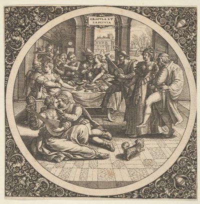 センターのサークルでの宴会でのギャランとのシーン、1580-1600。 作： Theodore de Bry