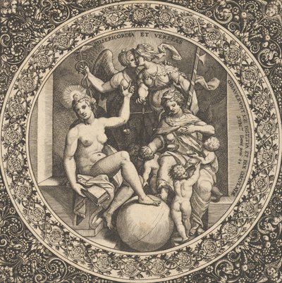 中央の円の中にミゼリコルディアとヴェリタスがある場面、1580-1600年。 作： Theodore de Bry