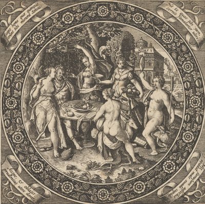 1580年から1600年、中央の円の中で愛の饗宴があるシーン。 作： Theodore de Bry