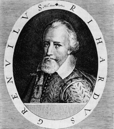 リチャード・グレンヴィル卿（1541-91年頃）、ヨハン・ルートヴィヒ・ゴットフリードの「新世界とアメリカの歴史」より、マタイウス・メリアン発行、1631年、フランクフルト 作： Theodore de Bry