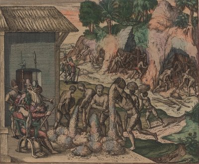 奴隷はヨーロッパの兵士の前で鉱石を注ぎます。バックグラウンドでは、奴隷は1595年に鉱山で働いています。 作： Theodore de Bry