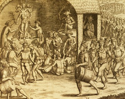 南米の先住民族の宗教儀式、フランクフルトのテオドール・デ・ブライ（1528-1598）の『Historia americae』からの版画 作： Theodore de Bry