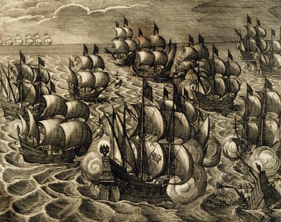 ロドリゴ・メンドーサのスペイン艦隊司令部、セオドア・デ・ブライ（1528-1598）の彫刻、セオドア・デ・ブライのアメリカ史（スペイン、1602年）より引用 作： Theodore de Bry